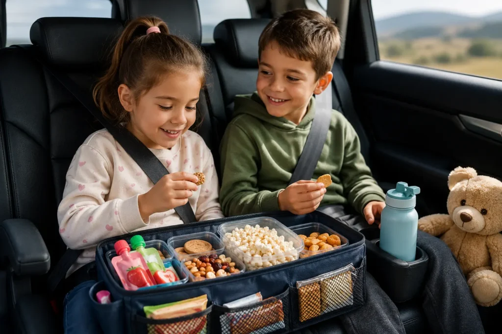 Two children enjoying healthy travel snacks during a family road trip while sitting safely in the back seat of a car.