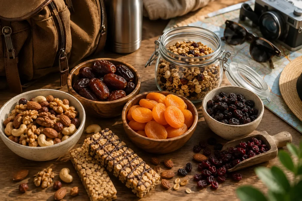 Healthy non-perishable travel snacks featuring mixed nuts, dried fruits, granola, and cereal bars on a wooden table.