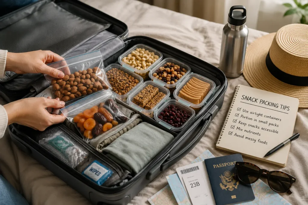 Suitcase organized with airtight containers of healthy snacks, dried fruits, nuts, and travel essentials for a long trip.