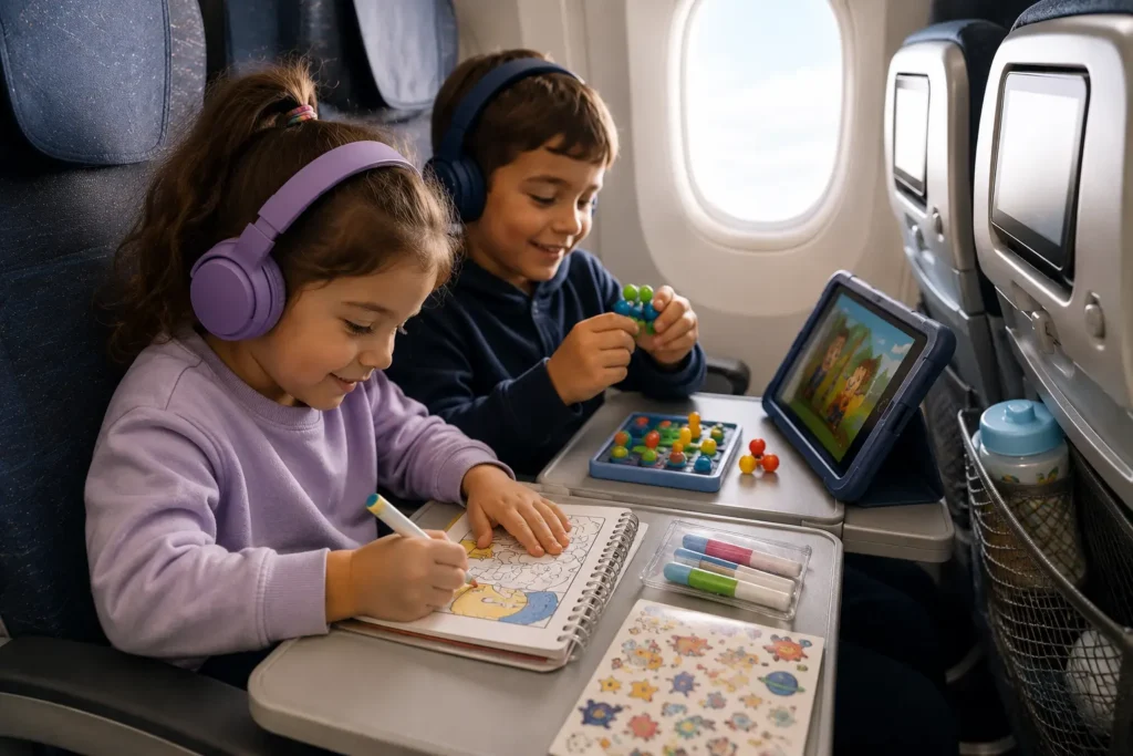 Children enjoying coloring books and quiet travel activities during a long flight instead of excessive screen time.