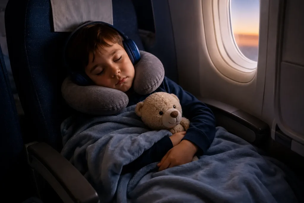 Young child sleeping peacefully on an airplane with a travel pillow, blanket, and favorite teddy bear.