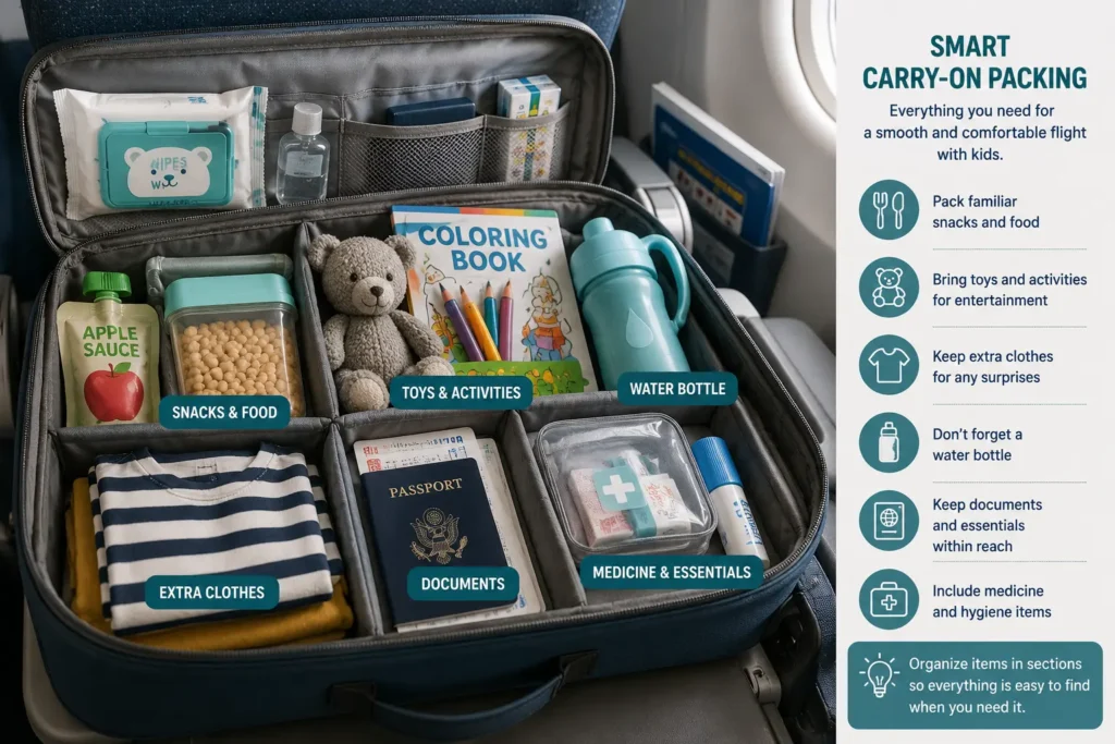 Well-organized carry-on bag with snacks, toys, clothes, and travel essentials for a long flight with children.