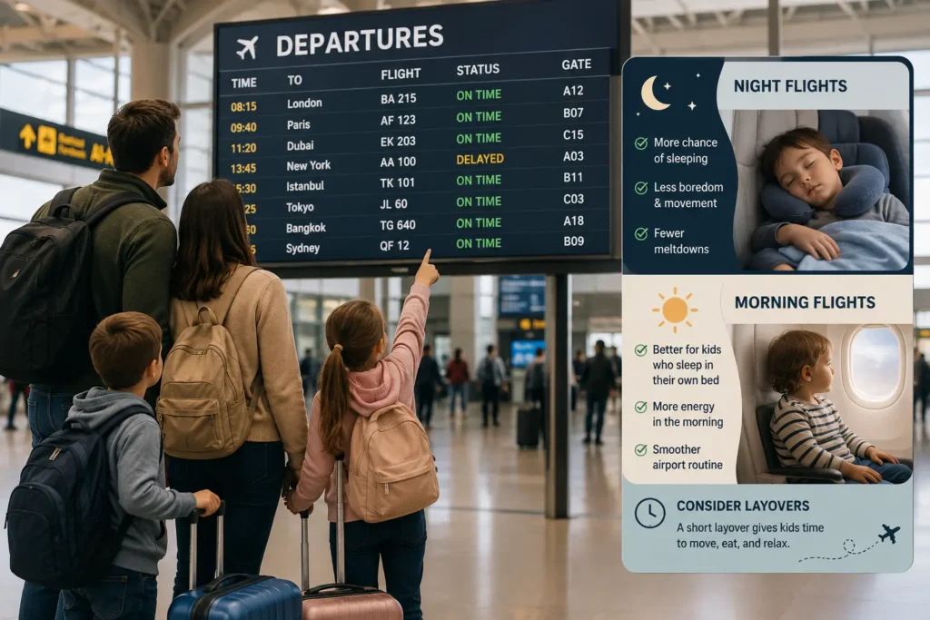 Family with children at the airport choosing the best flight time before boarding a long journey.