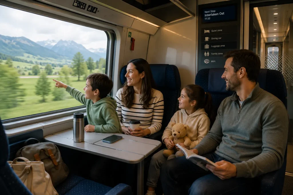 Family traveling comfortably in a modern train cabin while children admire the scenery through large windows.