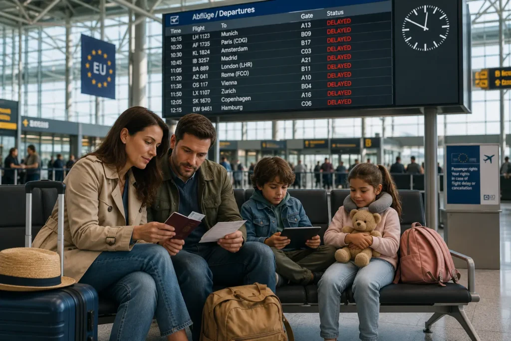Calm family waiting at an airport during a flight delay while children stay entertained with coloring and toys.