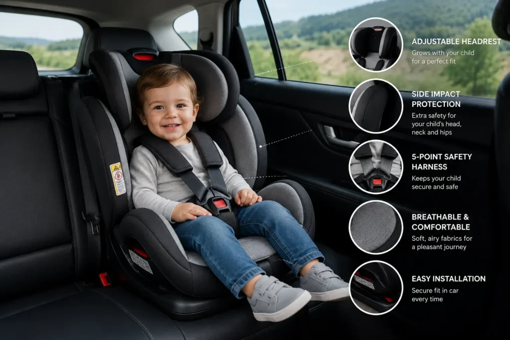 Toddler safely secured in a modern child car seat with a five-point harness inside a family vehicle.