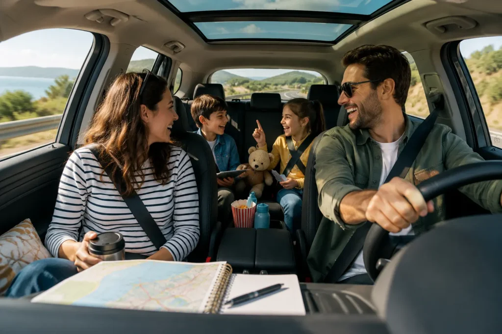 Happy family enjoying a fun road trip with children laughing and playing games inside a modern car.
