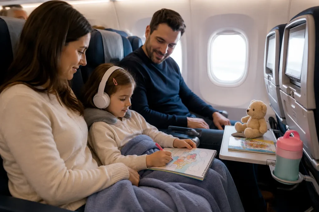 Family relaxing during a long flight with a child coloring and enjoying activities inside a comfortable airplane cabin.