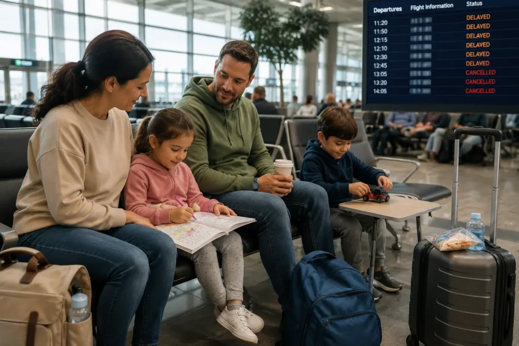 Calm family waiting at an airport during a flight delay while children stay entertained with coloring and toys.