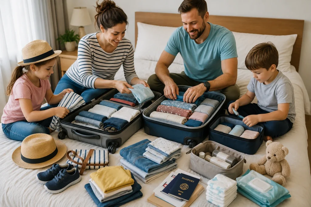  Family packing organized suitcases together in a bright bedroom with neatly folded clothes and travel essentials before a vacation.
