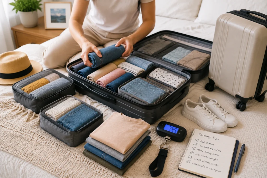 Traveler packing rolled clothes into a suitcase with packing cubes and luggage scale to maximize space and avoid extra baggage fees.