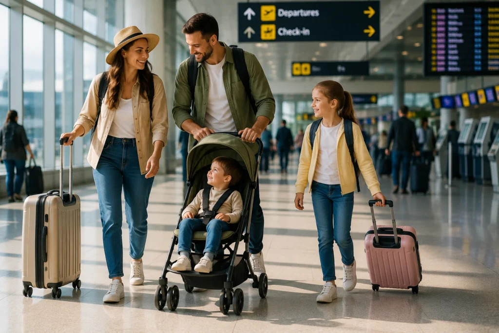 Family walking through a modern airport with a lightweight travel stroller, carry-on luggage, and children ready for a smooth journey.