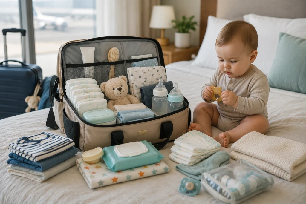 Baby sitting beside a well-organized diaper bag filled with diapers, bottles, clothes, wipes, and other travel essentials in a hotel room.