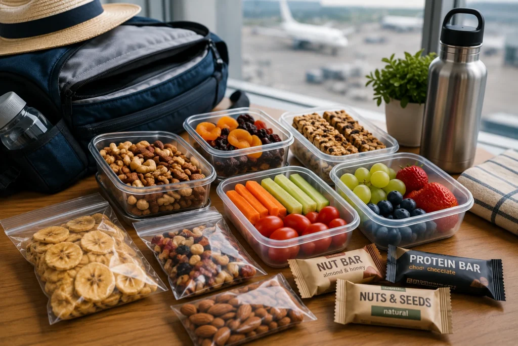 Healthy travel snacks including nuts, dried fruit, fresh berries, vegetables, protein bars, and reusable containers prepared for a family trip.