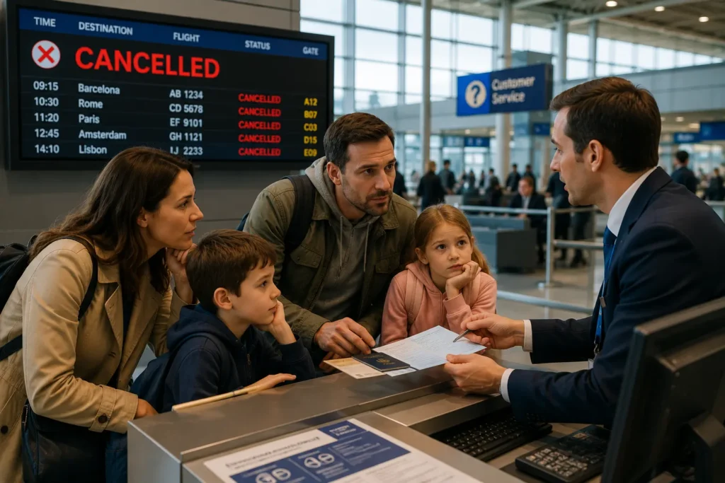 Family speaking with an airline customer service agent after a flight cancellation to arrange a new booking at the airport.