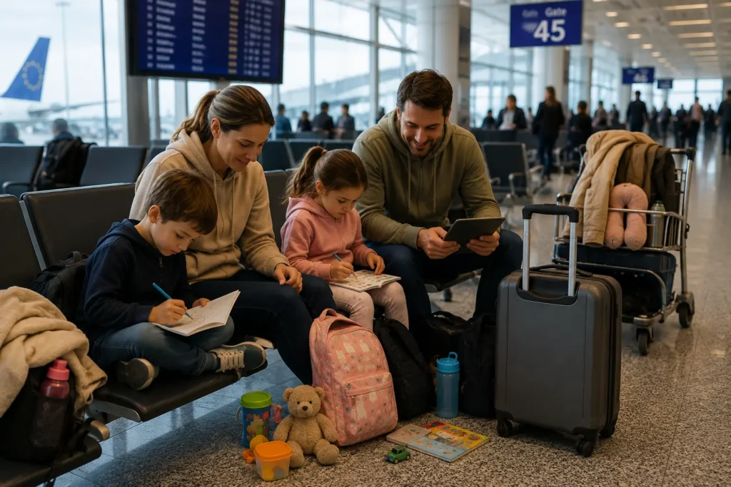 Family keeping children entertained with toys and activities while waiting during a long flight delay in an airport terminal.