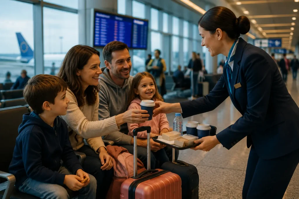 Airline staff providing drinks and refreshments to a family with children during a long flight delay at a European airport.