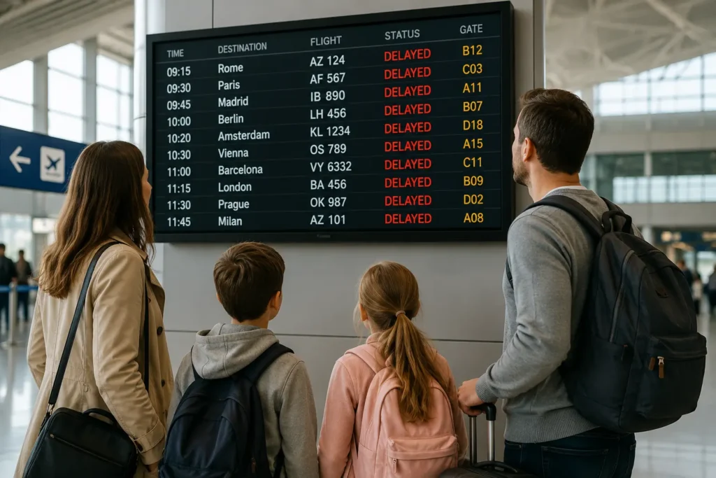 Family looking at an airport departure board showing delayed flights while waiting to learn about European flight delay compensation rights.