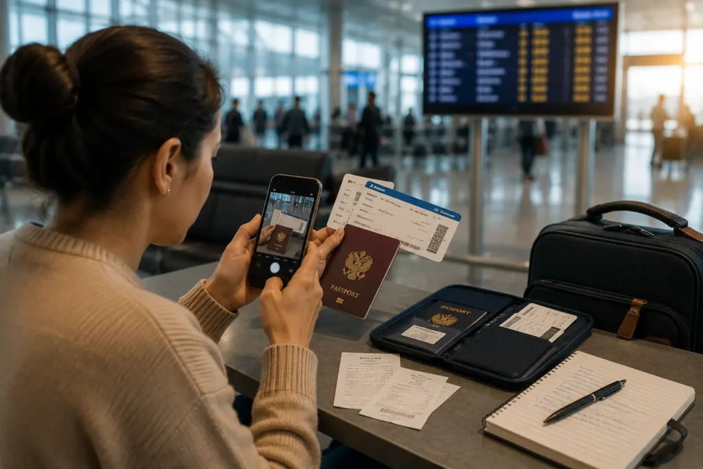Traveler photographing a passport, boarding pass, and travel documents with a smartphone to keep records for a flight delay compensation claim.