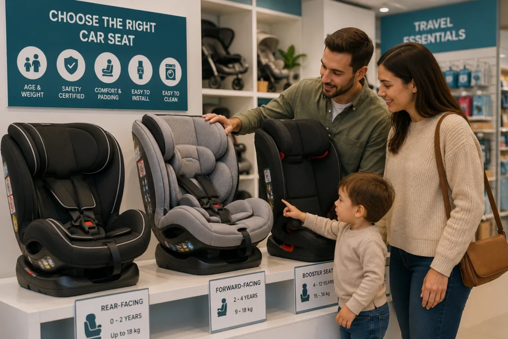 Parents comparing different child car seats in a baby store to choose the safest and most comfortable option for travel.
