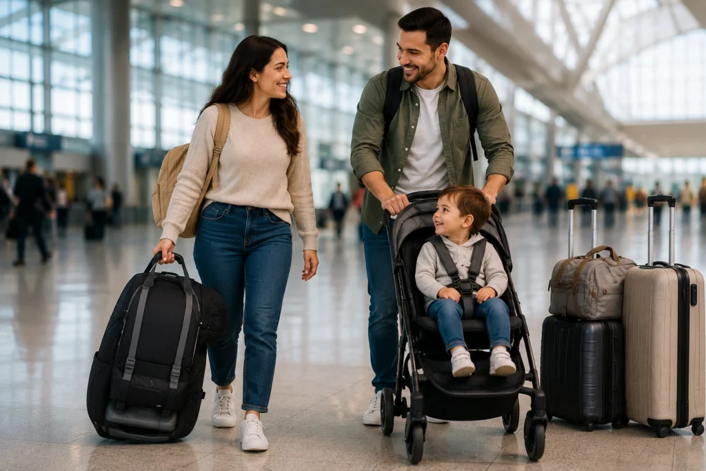 Family walking through an airport with luggage, a stroller, and a travel car seat bag, demonstrating easy and organized travel with children.