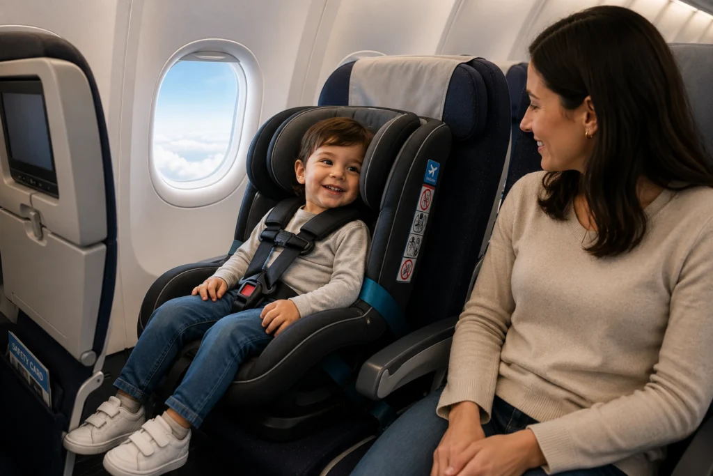 Young child sitting in an approved travel car seat on an airplane beside a parent during a comfortable family flight.
