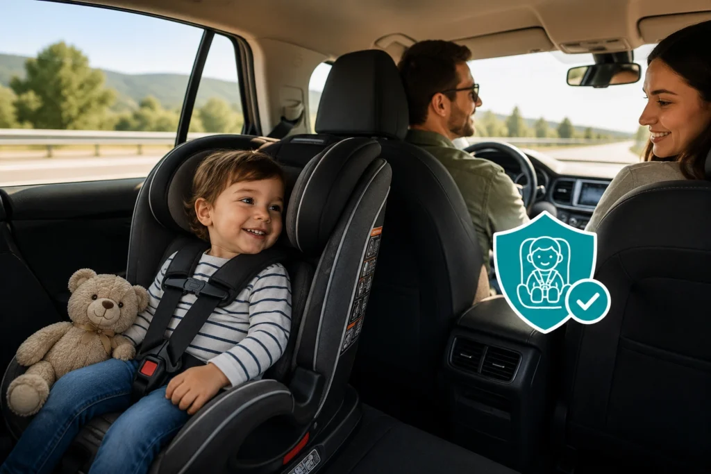 Child safely secured in a travel car seat during a family road trip, highlighting comfort and safety for children while traveling by car.