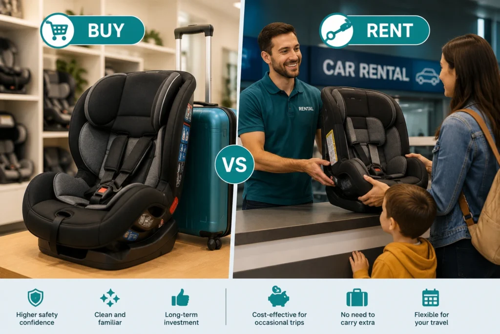 Comparison of buying versus renting a travel car seat, showing a new car seat with luggage and a rental service for family travel.