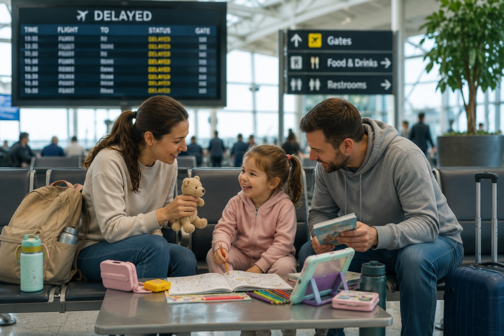 Parents entertaining their young daughter with coloring activities and toys while waiting for a delayed flight at the airport.