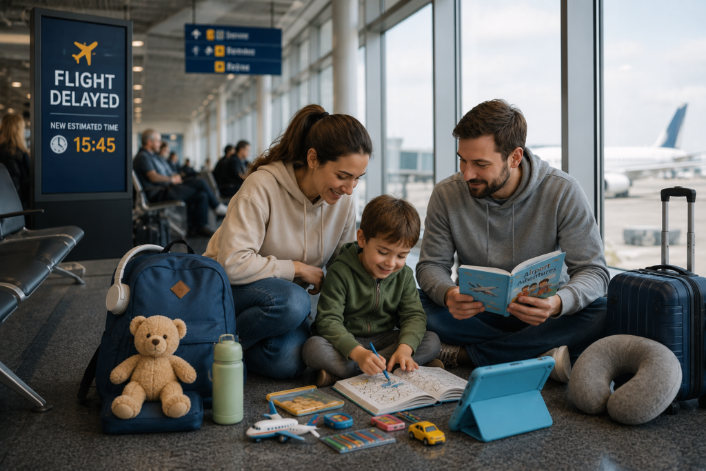 Family staying calm and prepared during a flight delay by reading, drawing, and keeping children engaged in the airport.