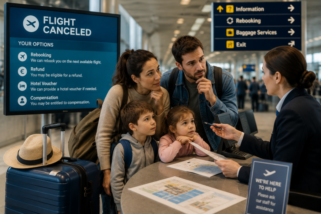 Family speaking with an airline representative after a flight cancellation while discussing rebooking options at the airport.