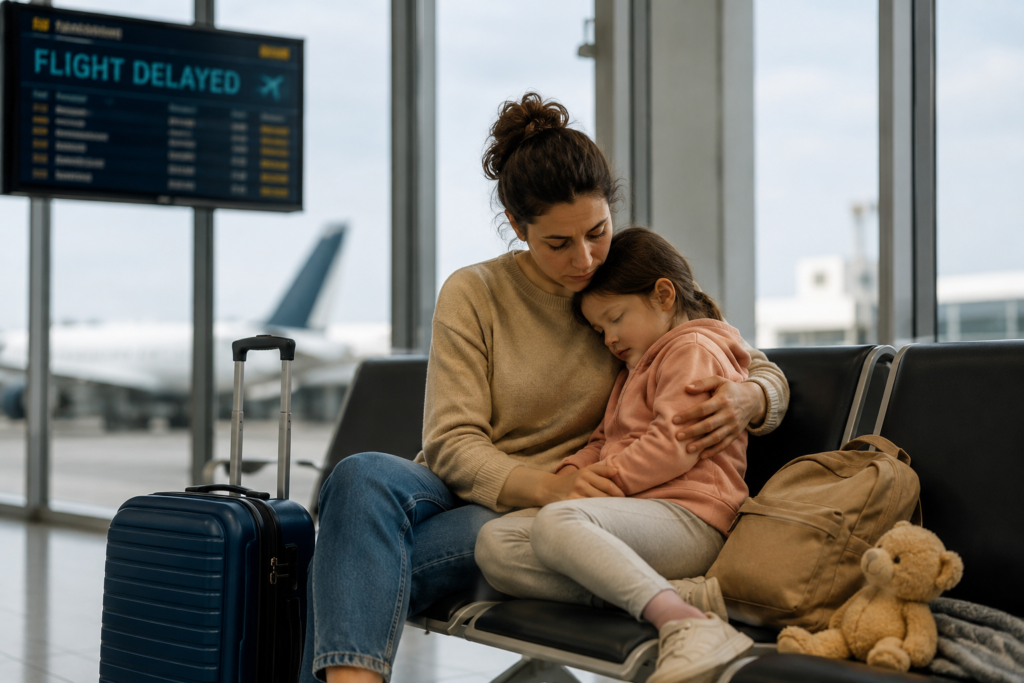 Mother comforting her tired child while waiting during a flight delay at a busy airport terminal.